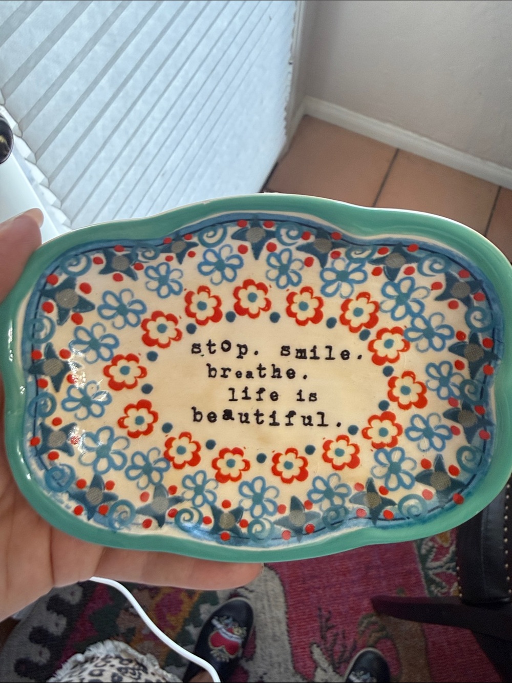 NWT NATURAL LIFE Teal, Red & Blue Floral Ceramic Trinket Dish